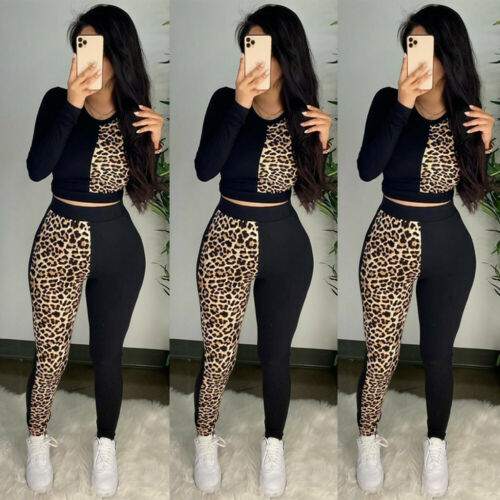 ❤️ Womens Leopard Crop Top + Pants Set Tracksuit Casual 2pcs Sportwear Yoga Suit